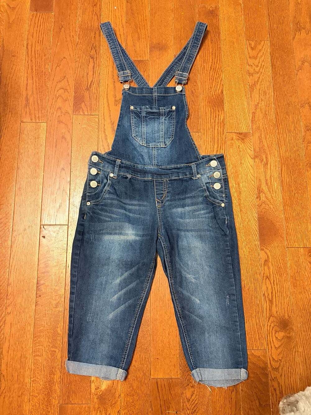 Wallflower Denim Overalls, Size S, Dark Wash, Crop Length, with Button Details a